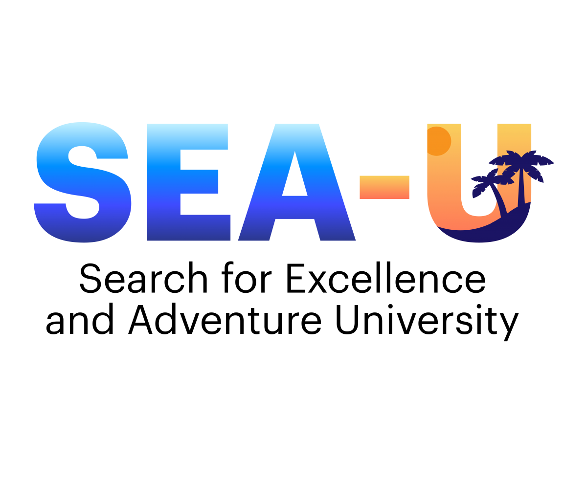 SEA-U logo saying "Search for Excellence and Adventure University" with a logo in blue and orange and some palm trees.